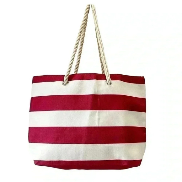 Oversized Canvas Tote Bag Rope Handle Beach Travel Carryall Red Cream Stripes - Picture 12 of 13